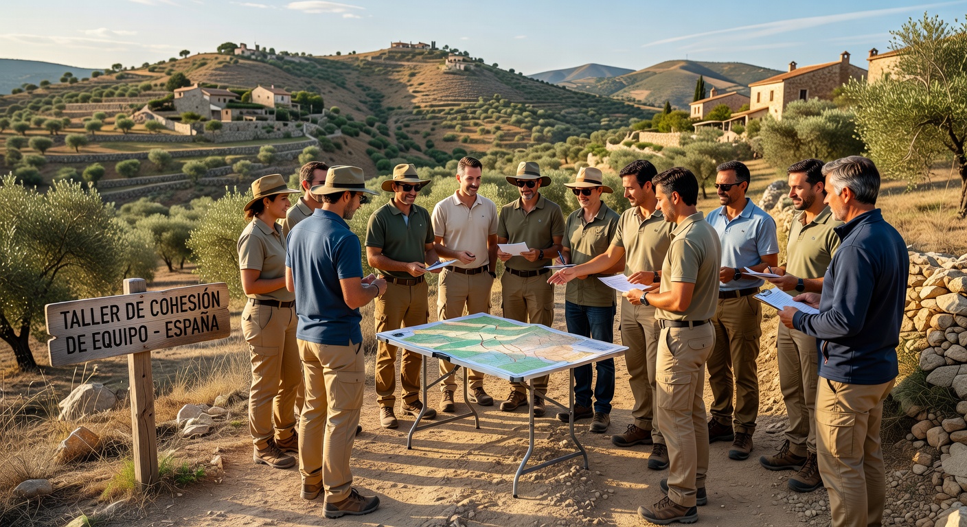 Equipo de trabajo en actividad de team building al aire libre